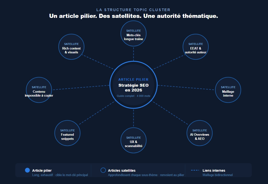 Schéma d'un topic cluster SEO : un article pilier "Stratégie SEO 2026" relié à 8 articles satellites couvrant EEAT, maillage interne, AI Overviews, rich content et featured snippets