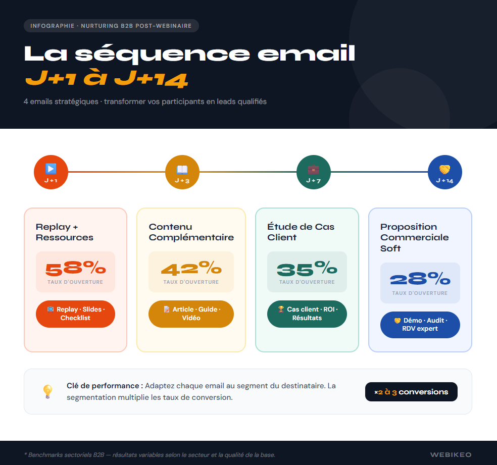 La séquence email J+1 à J+14 : 4 emails stratégiques post-webinaire pour transformer les participants en leads qualifiés, avec les taux d'ouverture associés.