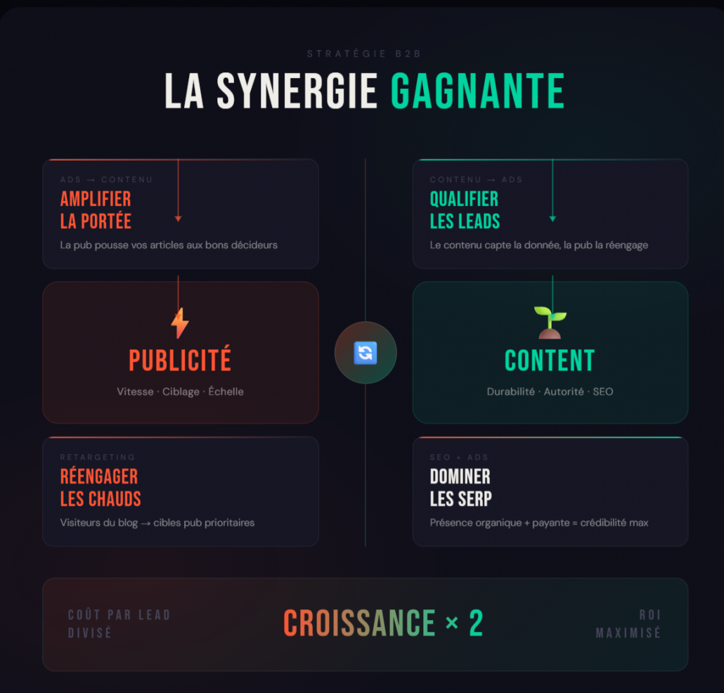 Schéma stratégie hybride B2B : synergie entre publicité payante et content marketing pour maximiser les leads.