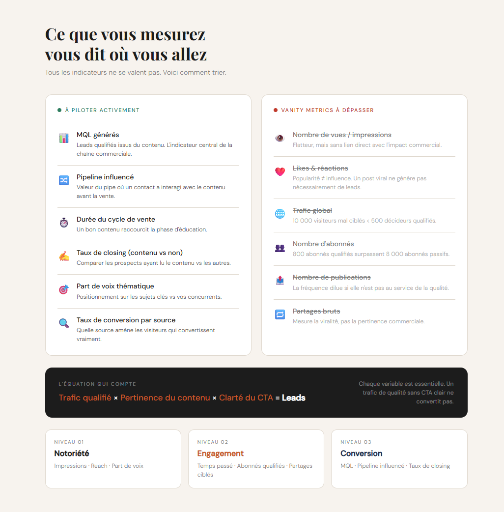 KPI à piloter en content marketing B2B — comparatif entre indicateurs clés (MQL, pipeline influencé, taux de closing) et vanity metrics à éviter (vues, likes, trafic global)