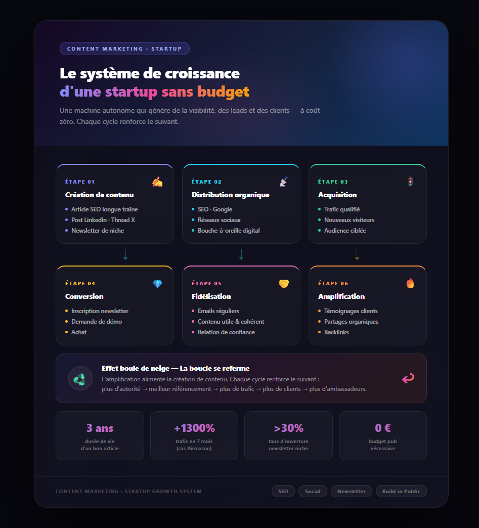 Système de croissance startup sans budget basé sur le content marketing : création, distribution, acquisition, conversion et fidélisation