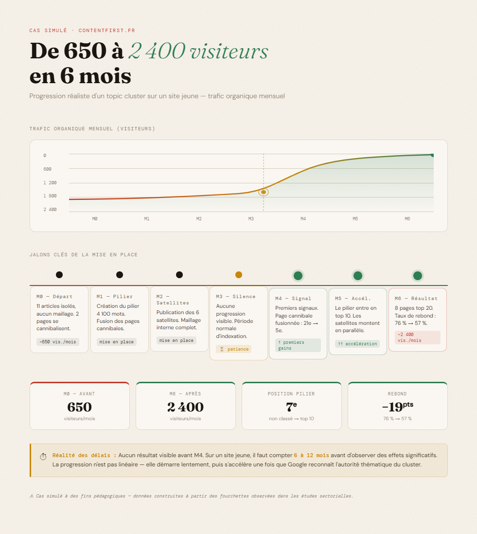 Timeline de progression d'un topic cluster SEO sur 6 mois : de 650 à 2 400 visiteurs organiques, avec les jalons clés de M0 à M6